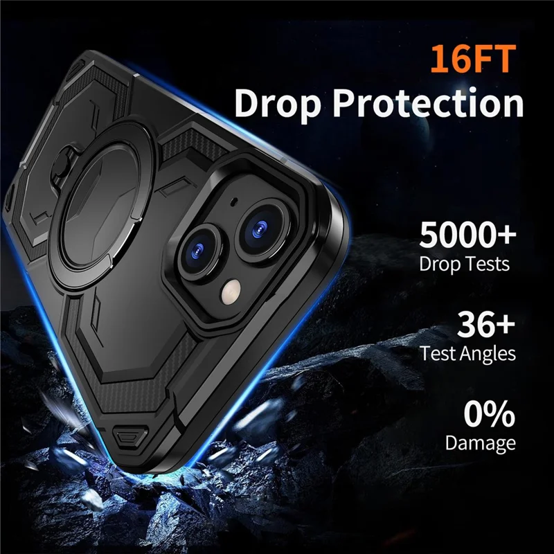 For iPhone 14 Magnetic Case Ring Kickstand PC + TPU Hybrid Phone Cover - Black