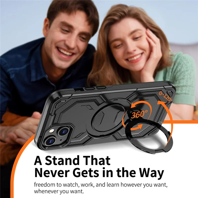 For iPhone 14 Magnetic Case Ring Kickstand PC + TPU Hybrid Phone Cover - Black