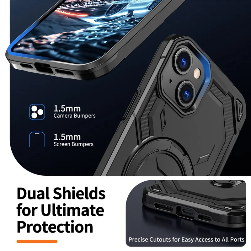 For iPhone 14 Magnetic Case Ring Kickstand PC + TPU Hybrid Phone Cover - Black