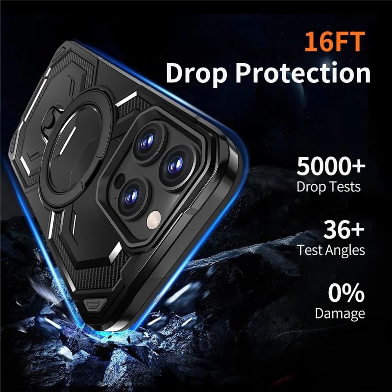 For iPhone 14 Pro Magnetic Case Ring Kickstand PC + TPU Hybrid Phone Cover - Black