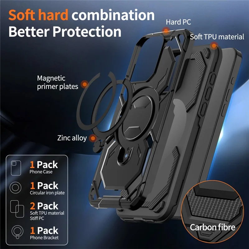 For iPhone 13 Pro Magnetic Case Ring Kickstand PC + TPU Hybrid Phone Cover - Black