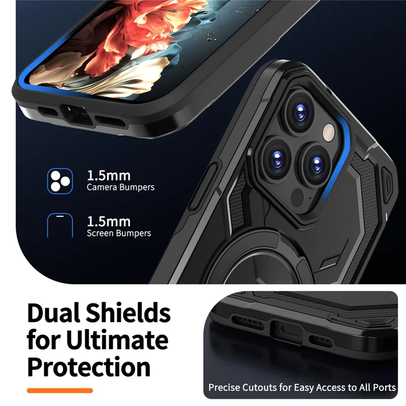 For iPhone 13 Pro Max Magnetic Case Ring Kickstand PC + TPU Hybrid Phone Cover - Black