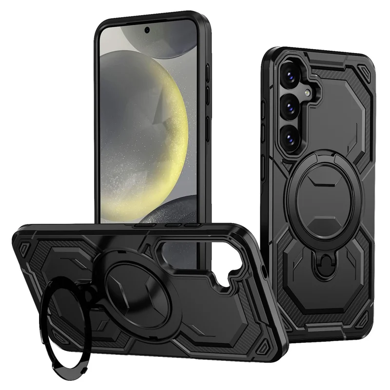For Samsung Galaxy S24 Magnetic Case Ring Kickstand PC + TPU Hybrid Phone Cover - Black