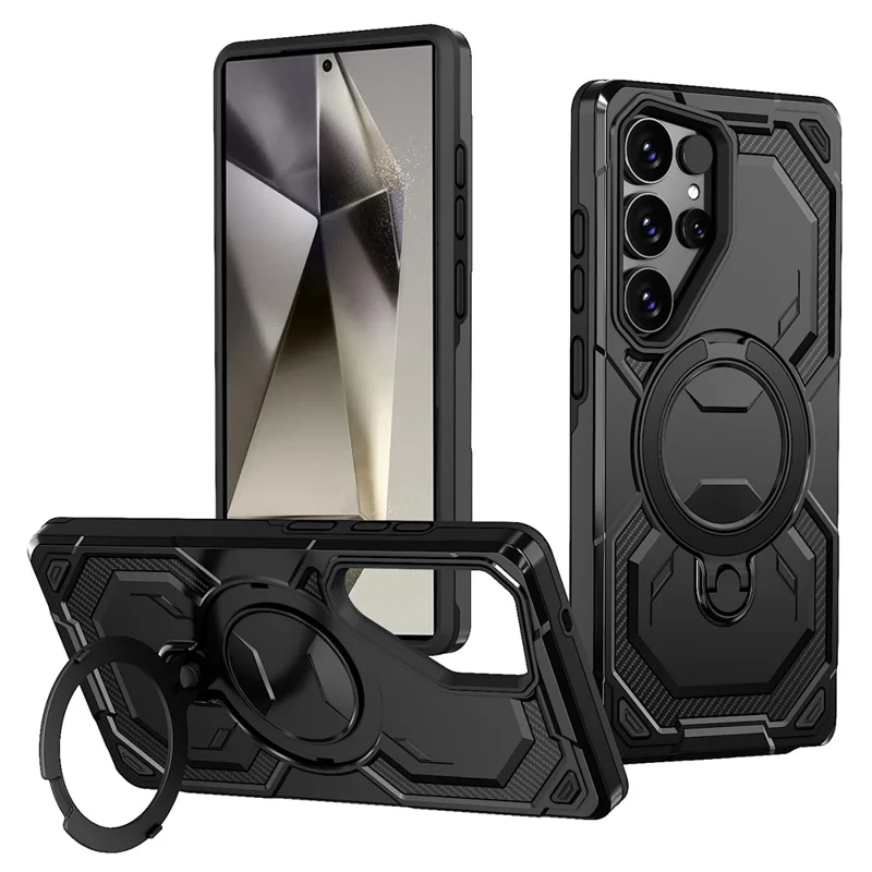 For Samsung Galaxy S24 Ultra Magnetic Case Ring Kickstand PC + TPU Hybrid Phone Cover - Black