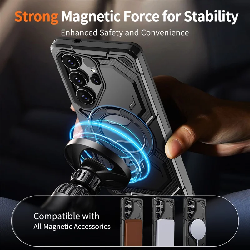 For Samsung Galaxy S24 Ultra Magnetic Case Ring Kickstand PC + TPU Hybrid Phone Cover - Black