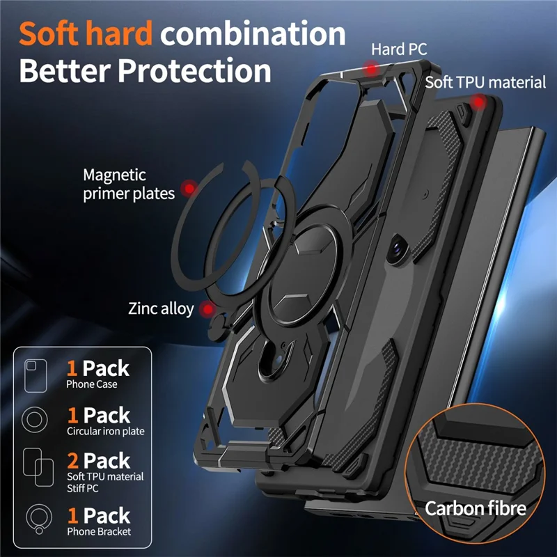 For Samsung Galaxy S24 Ultra Magnetic Case Ring Kickstand PC + TPU Hybrid Phone Cover - Black