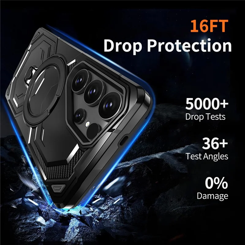For Samsung Galaxy S24 Ultra Magnetic Case Ring Kickstand PC + TPU Hybrid Phone Cover - Black