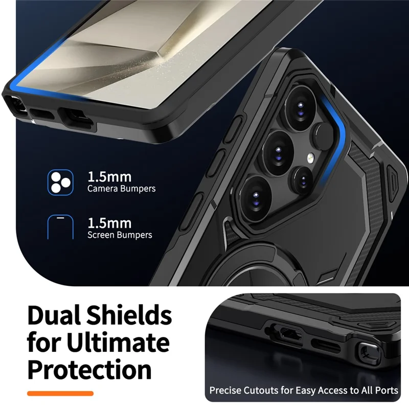 For Samsung Galaxy S24 Ultra Magnetic Case Ring Kickstand PC + TPU Hybrid Phone Cover - Black