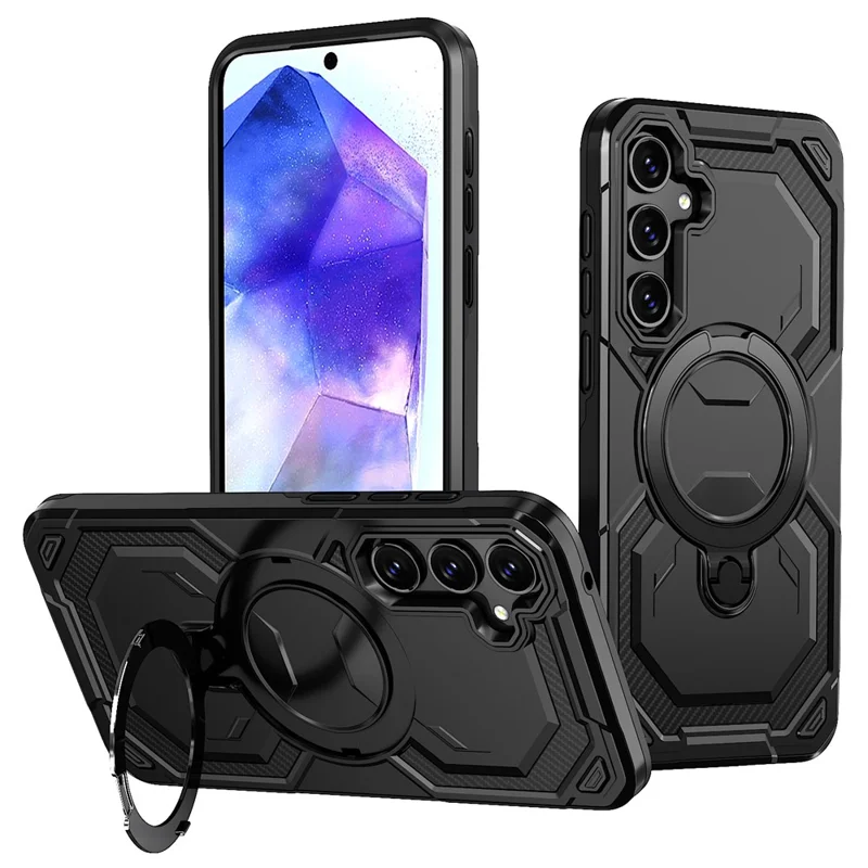 For Samsung Galaxy A55 5G Magnetic Case Ring Kickstand PC + TPU Hybrid Phone Cover - Black