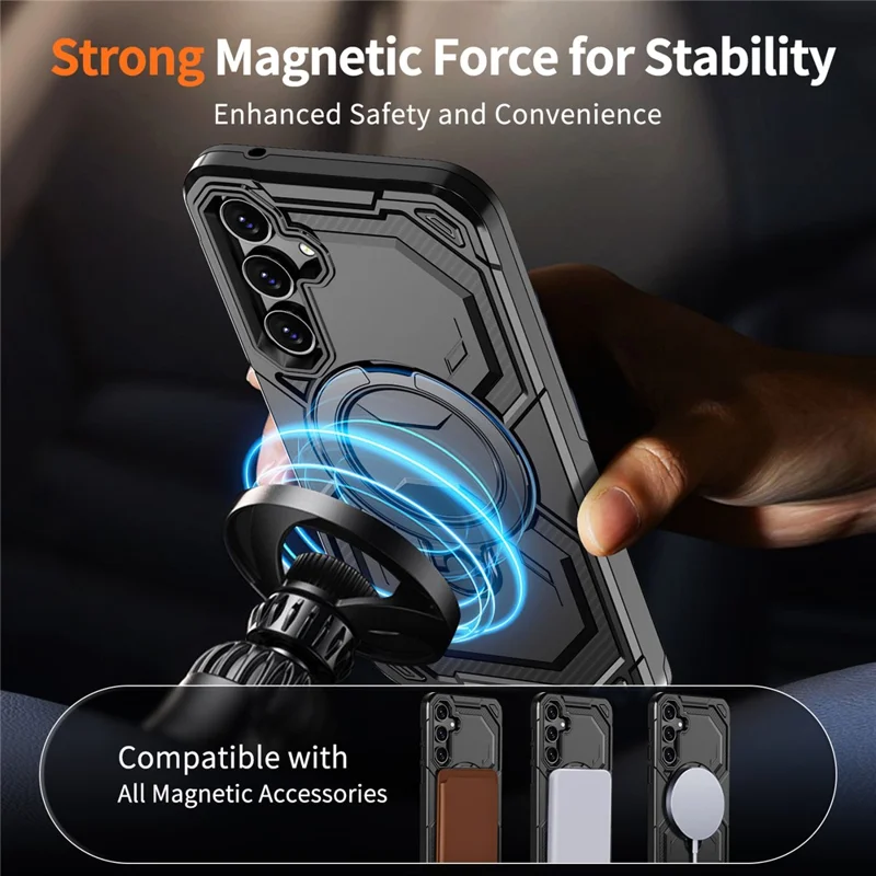 For Samsung Galaxy A55 5G Magnetic Case Ring Kickstand PC + TPU Hybrid Phone Cover - Black