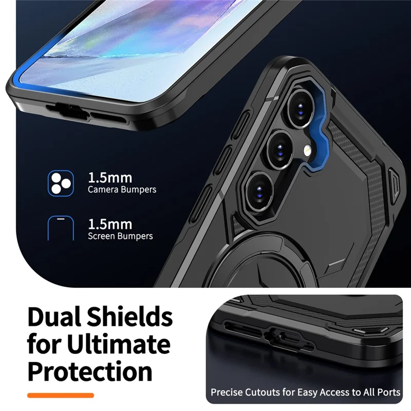 For Samsung Galaxy A55 5G Magnetic Case Ring Kickstand PC + TPU Hybrid Phone Cover - Black