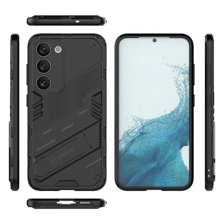 Cell Phone Case for Samsung Galaxy S23+, Kickstand Hard PC + Soft TPU Anti-drop Hybrid Protective Cover - Black