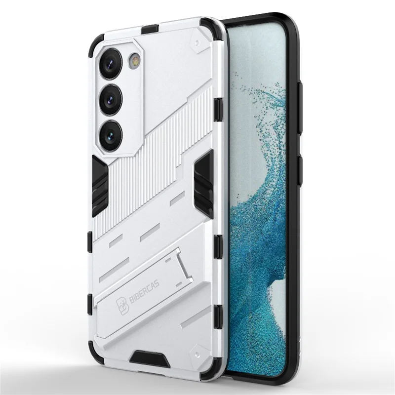 Cell Phone Case for Samsung Galaxy S23+, Kickstand Hard PC + Soft TPU Anti-drop Hybrid Protective Cover - White
