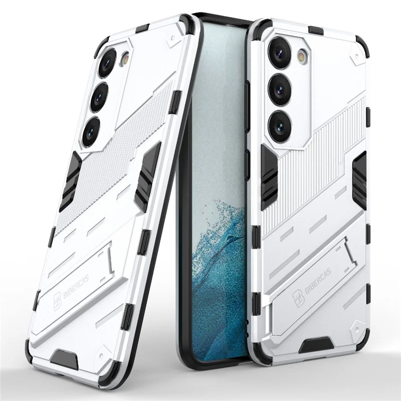 Cell Phone Case for Samsung Galaxy S23+, Kickstand Hard PC + Soft TPU Anti-drop Hybrid Protective Cover - White