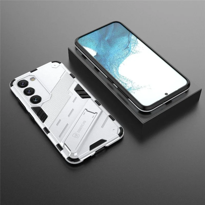 Cell Phone Case for Samsung Galaxy S23+, Kickstand Hard PC + Soft TPU Anti-drop Hybrid Protective Cover - White