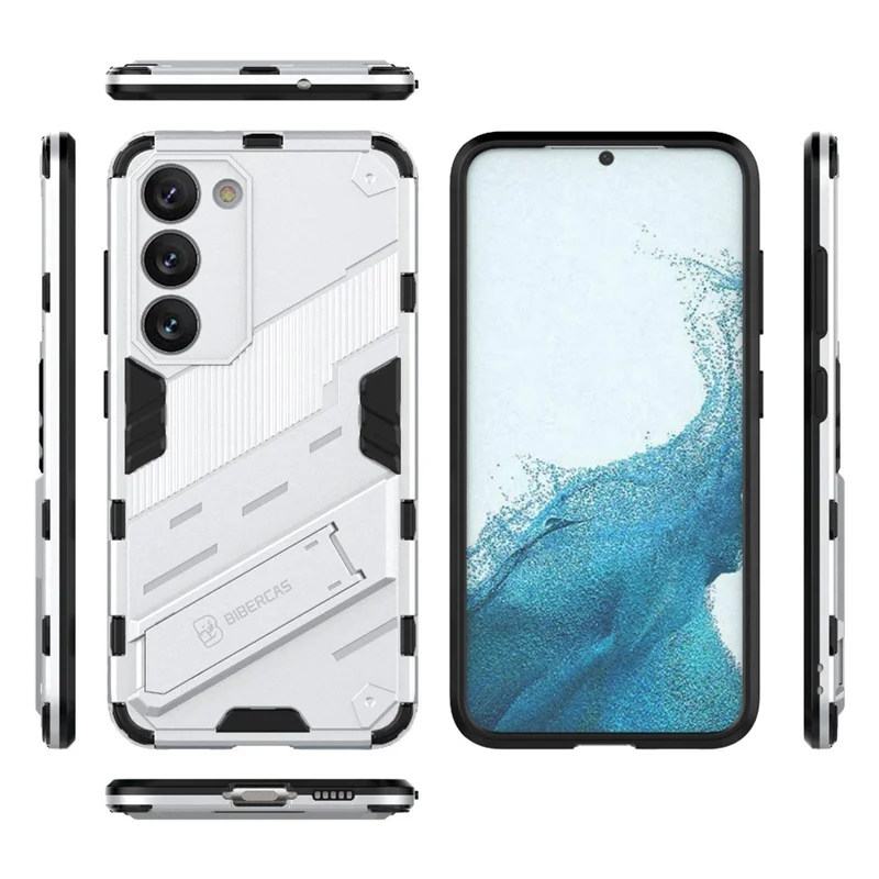 Cell Phone Case for Samsung Galaxy S23+, Kickstand Hard PC + Soft TPU Anti-drop Hybrid Protective Cover - White