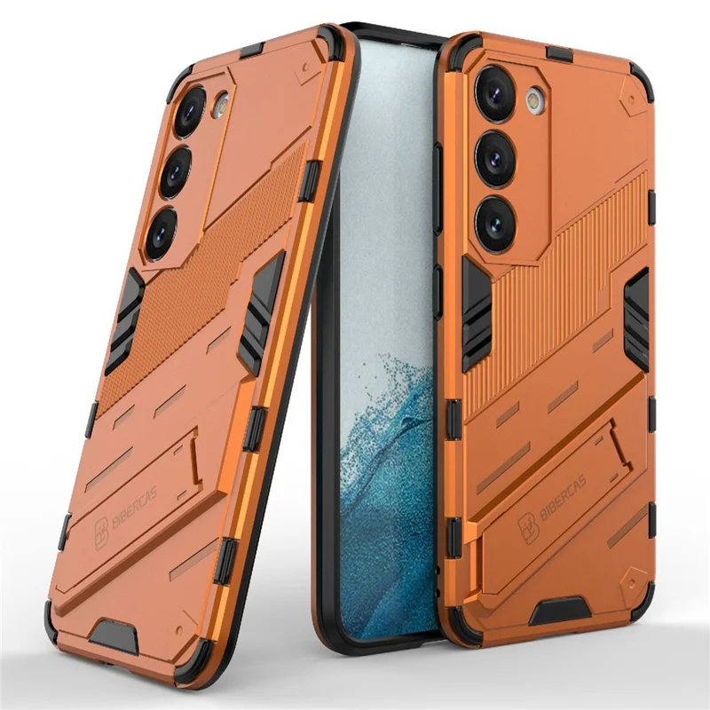 Cell Phone Case for Samsung Galaxy S23+, Kickstand Hard PC + Soft TPU Anti-drop Hybrid Protective Cover - Orange