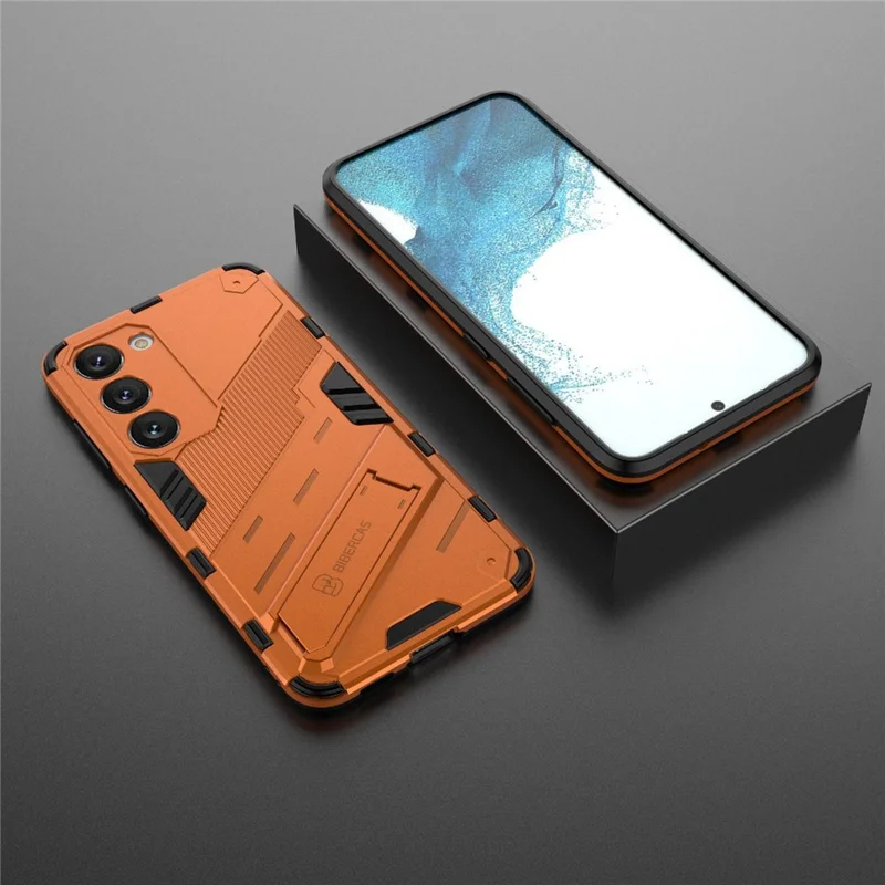 Cell Phone Case for Samsung Galaxy S23+, Kickstand Hard PC + Soft TPU Anti-drop Hybrid Protective Cover - Orange