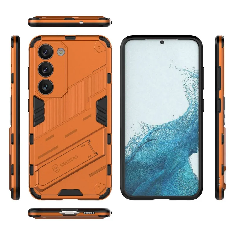 Cell Phone Case for Samsung Galaxy S23+, Kickstand Hard PC + Soft TPU Anti-drop Hybrid Protective Cover - Orange