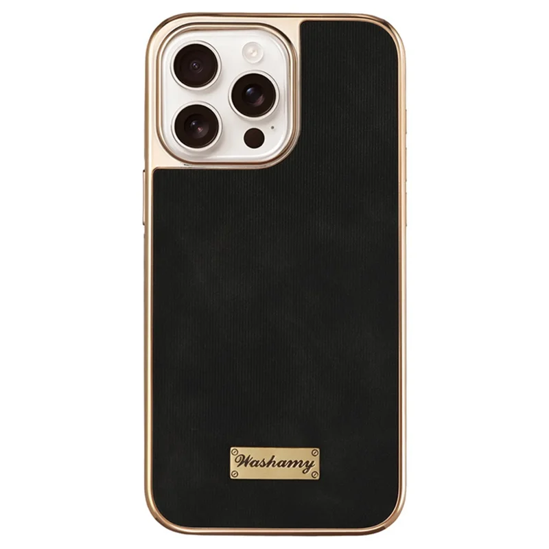 For iPhone 15 Pro Case Compatible with MagSafe Electroplating Frame PU Leather PC TPU Phone Cover - Black