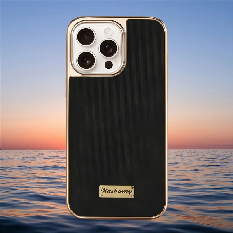 For iPhone 15 Pro Case Compatible with MagSafe Electroplating Frame PU Leather PC TPU Phone Cover - Black