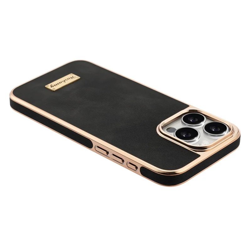 For iPhone 15 Pro Case Compatible with MagSafe Electroplating Frame PU Leather PC TPU Phone Cover - Black