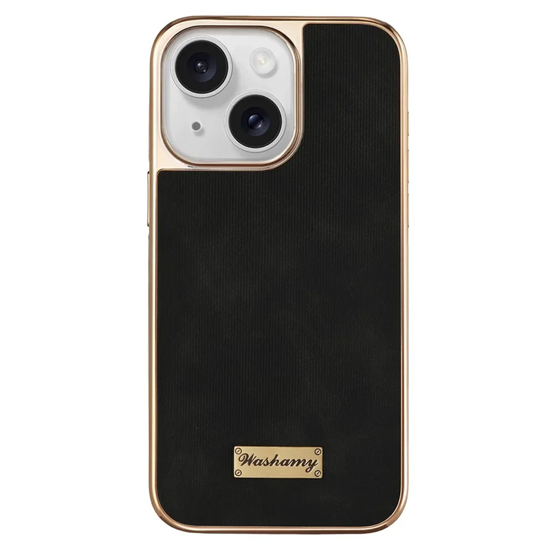 For iPhone 15 Case Compatible with MagSafe Electroplating Frame PU Leather PC TPU Phone Cover - Black