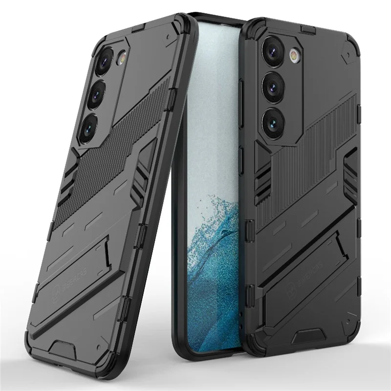 Funda dura de PC + blanda de TPU para Samsung Galaxy S23, funda de teléfono celular resistente a los arañazos con soporte - Negro