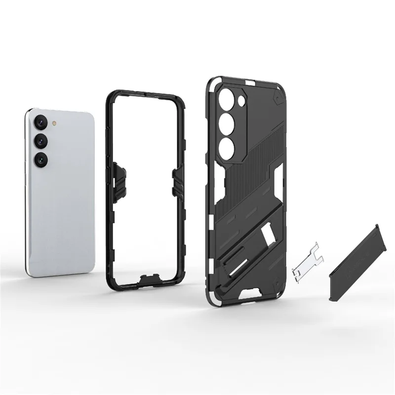 Funda dura de PC + blanda de TPU para Samsung Galaxy S23, funda de teléfono celular resistente a los arañazos con soporte - Negro