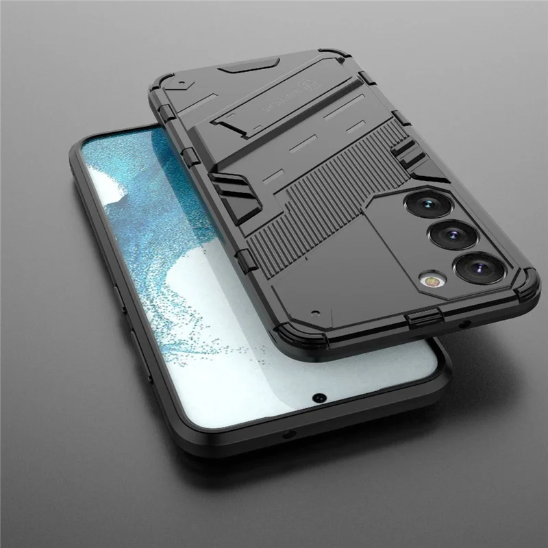 Funda dura de PC + blanda de TPU para Samsung Galaxy S23, funda de teléfono celular resistente a los arañazos con soporte - Negro