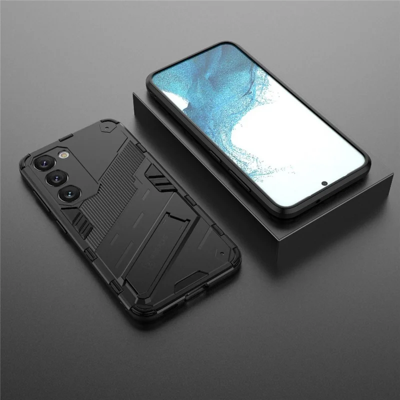 Funda dura de PC + blanda de TPU para Samsung Galaxy S23, funda de teléfono celular resistente a los arañazos con soporte - Negro