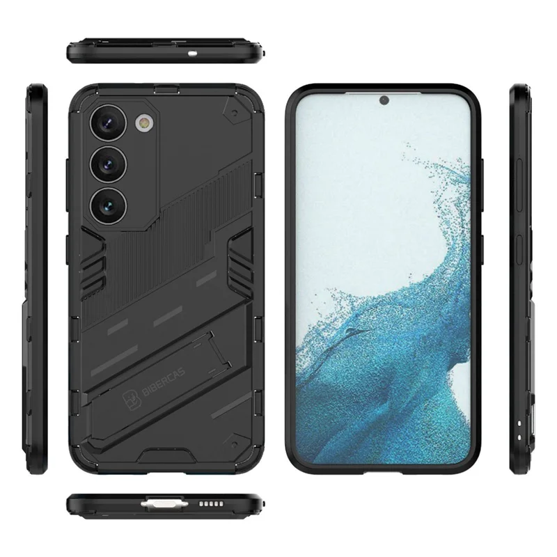 Funda dura de PC + blanda de TPU para Samsung Galaxy S23, funda de teléfono celular resistente a los arañazos con soporte - Negro