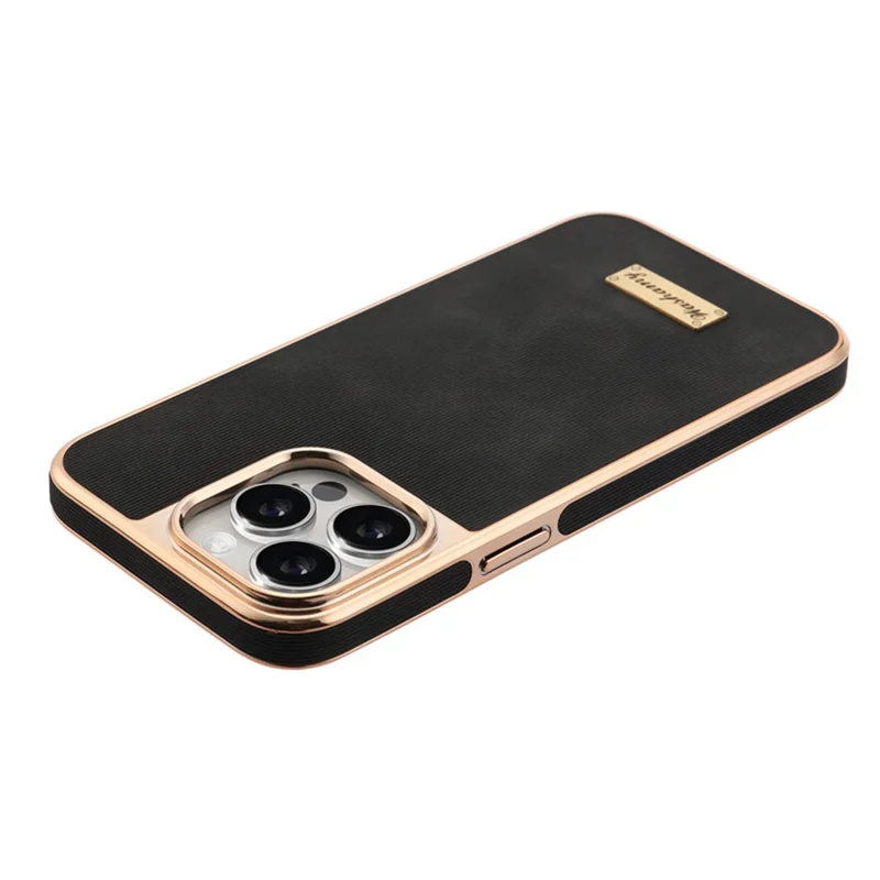 For iPhone 14 Pro Max Case Compatible with MagSafe Electroplating Frame PU Leather PC TPU Phone Cover - Black