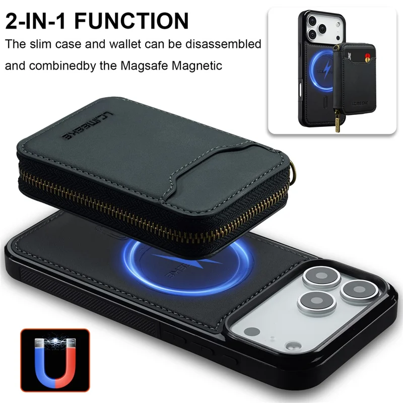 LC.IMEEKE L6 For iPhone 18 Pro / 17 Pro Magnetic Case Detachable Zipper Wallet Leather Coated PC + TPU Phone Cover - Black