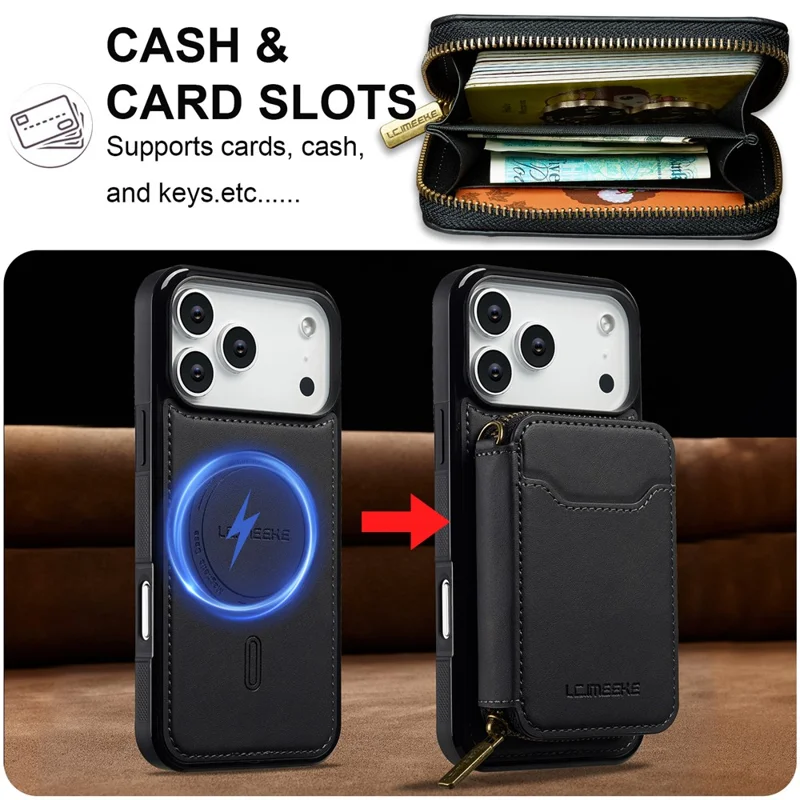 LC.IMEEKE L6 For iPhone 18 Pro / 17 Pro Magnetic Case Detachable Zipper Wallet Leather Coated PC + TPU Phone Cover - Black