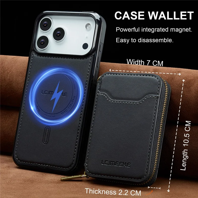 LC.IMEEKE L6 For iPhone 18 Pro / 17 Pro Magnetic Case Detachable Zipper Wallet Leather Coated PC + TPU Phone Cover - Black