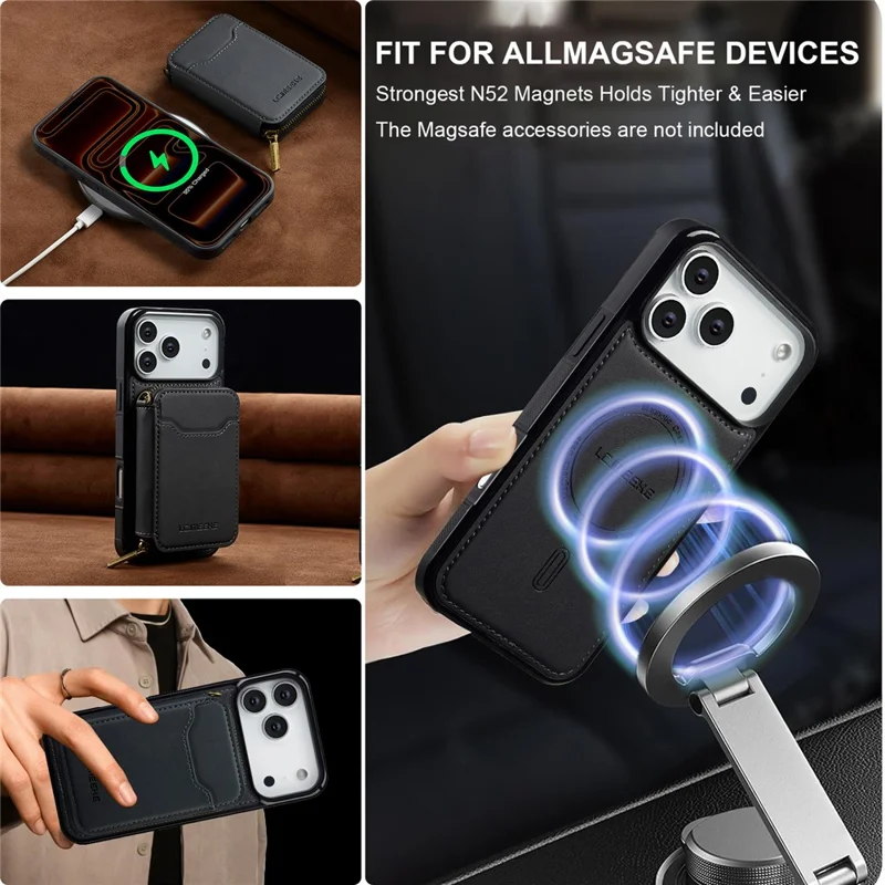 LC.IMEEKE L6 For iPhone 18 Pro / 17 Pro Magnetic Case Detachable Zipper Wallet Leather Coated PC + TPU Phone Cover - Black