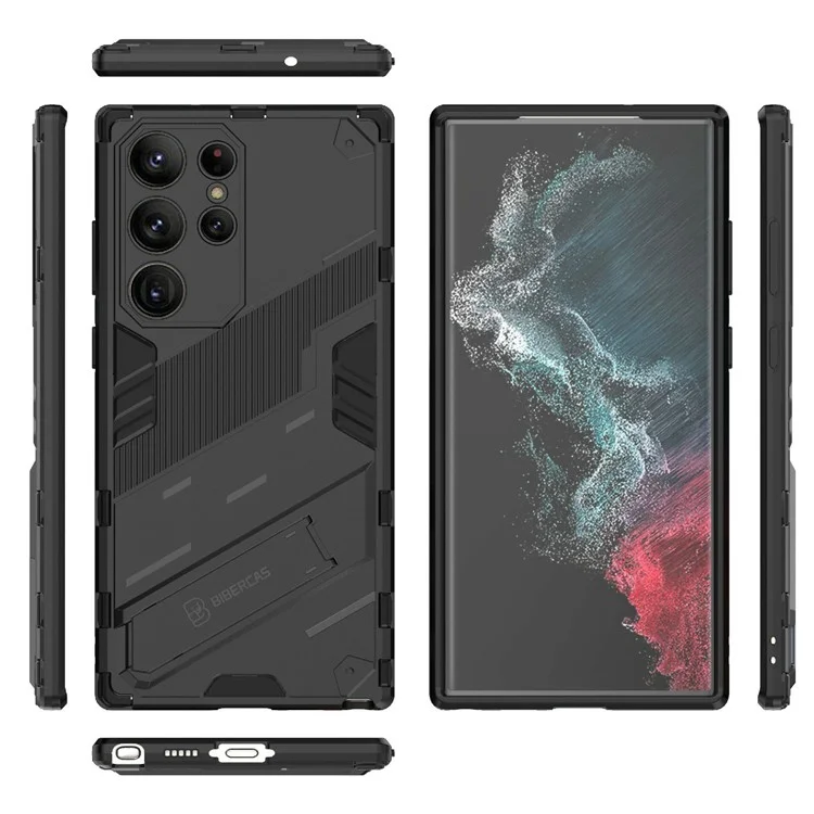 Kickstand-Handyhülle für Samsung Galaxy S23 Ultra, stoßfeste Hybrid-PC + TPU-Schutzhülle - Schwarz