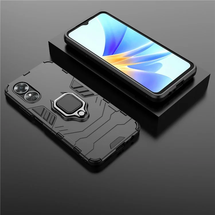 Custodia protettiva con supporto ad anello per Oppo A17 4G / A17k 4G, in PC rigido e TPU morbido, resistente ai graffi - Nero