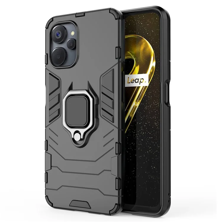 For Realme 9i 5G / 10 5G Ring Holder Kickstand Shockproof Cell Phone Cover Well-protected Hybrid PC + TPU Case - Black