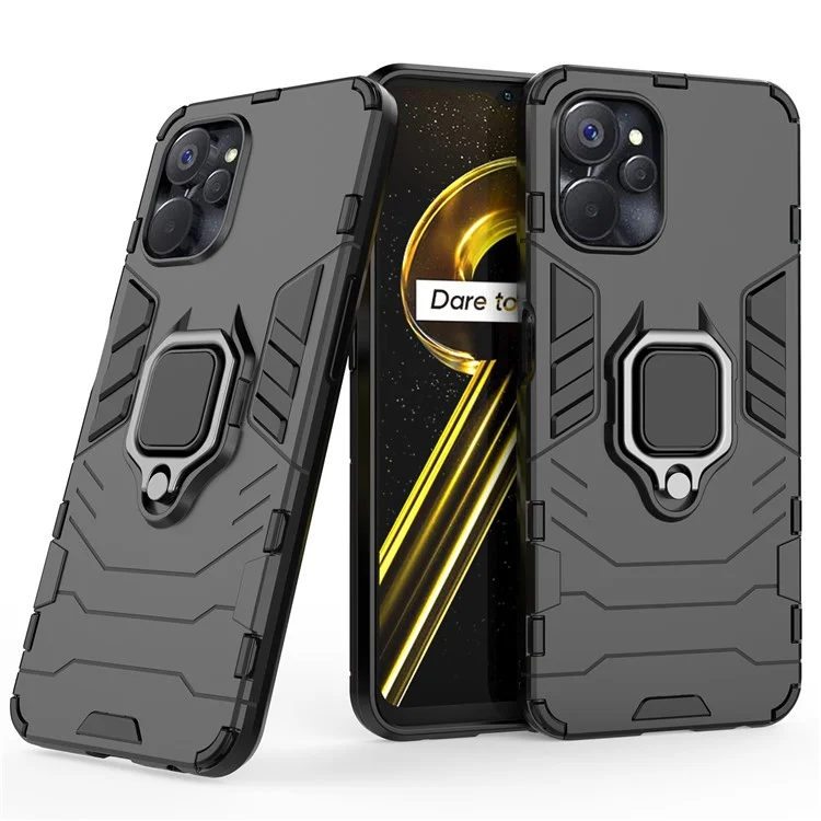 For Realme 9i 5G / 10 5G Ring Holder Kickstand Shockproof Cell Phone Cover Well-protected Hybrid PC + TPU Case - Black