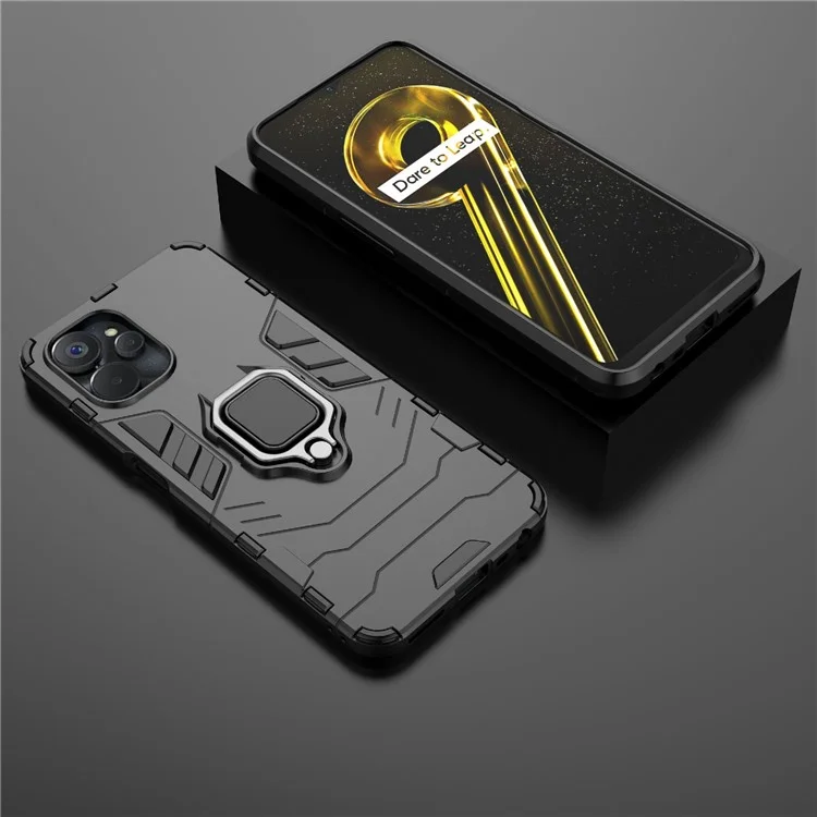 For Realme 9i 5G / 10 5G Ring Holder Kickstand Shockproof Cell Phone Cover Well-protected Hybrid PC + TPU Case - Black