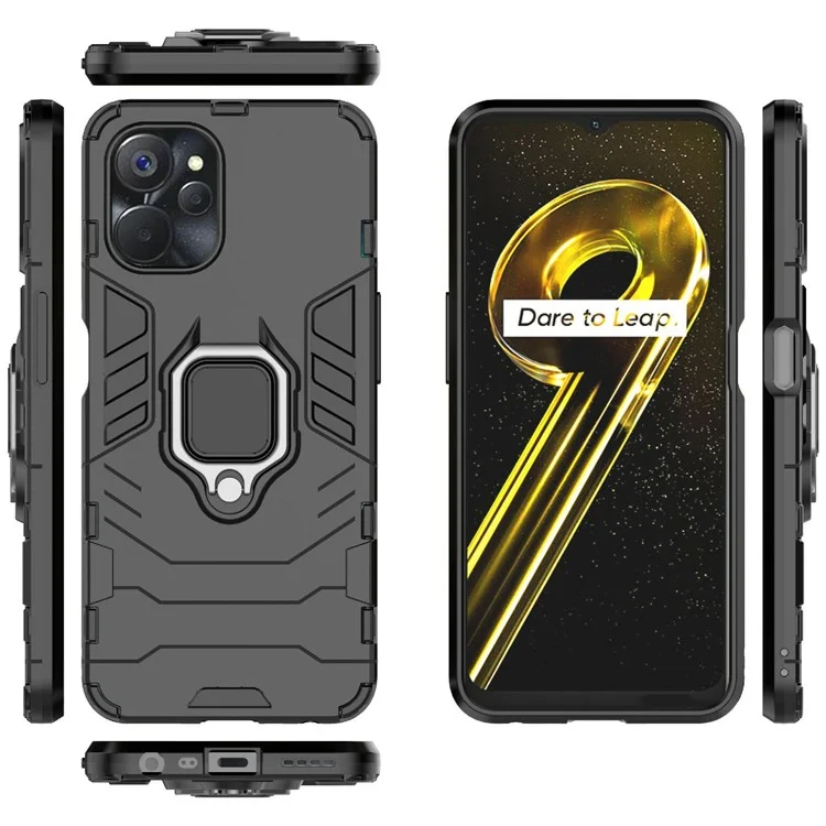 For Realme 9i 5G / 10 5G Ring Holder Kickstand Shockproof Cell Phone Cover Well-protected Hybrid PC + TPU Case - Black