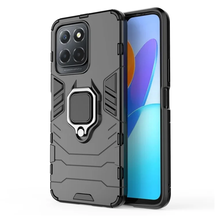 Ring Holder Kickstand Protective Phone Cover for Honor X8 5G, Hard PC Soft TPU Anti-scratch Hybrid Case - Black