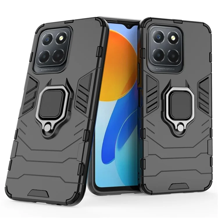 Ring Holder Kickstand Protective Phone Cover for Honor X8 5G, Hard PC Soft TPU Anti-scratch Hybrid Case - Black