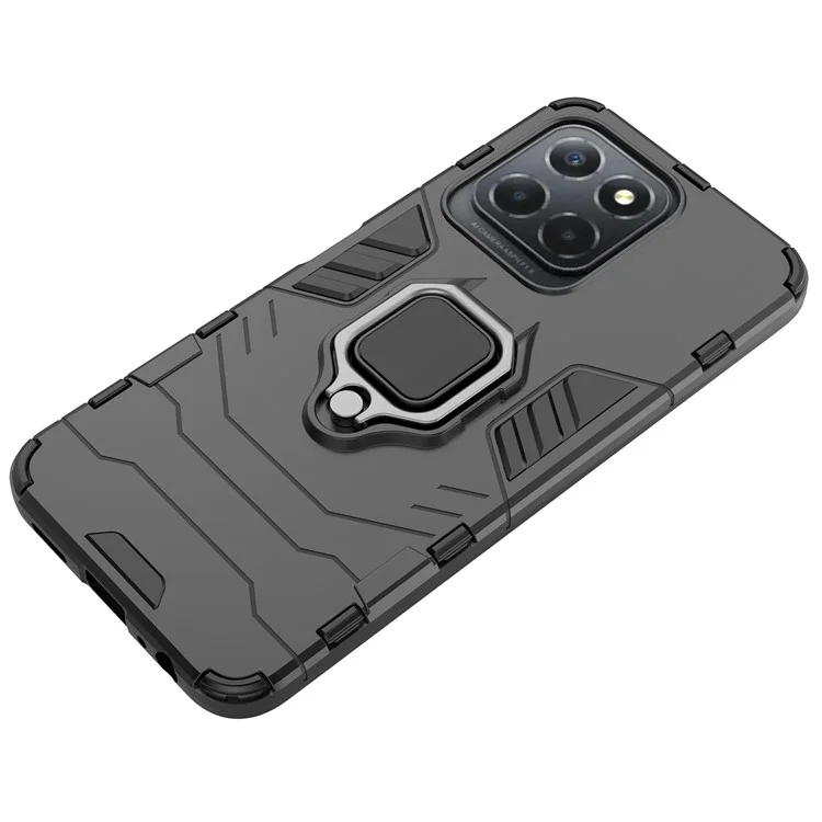 Ring Holder Kickstand Protective Phone Cover for Honor X8 5G, Hard PC Soft TPU Anti-scratch Hybrid Case - Black