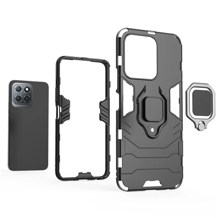 Ring Holder Kickstand Protective Phone Cover for Honor X8 5G, Hard PC Soft TPU Anti-scratch Hybrid Case - Black