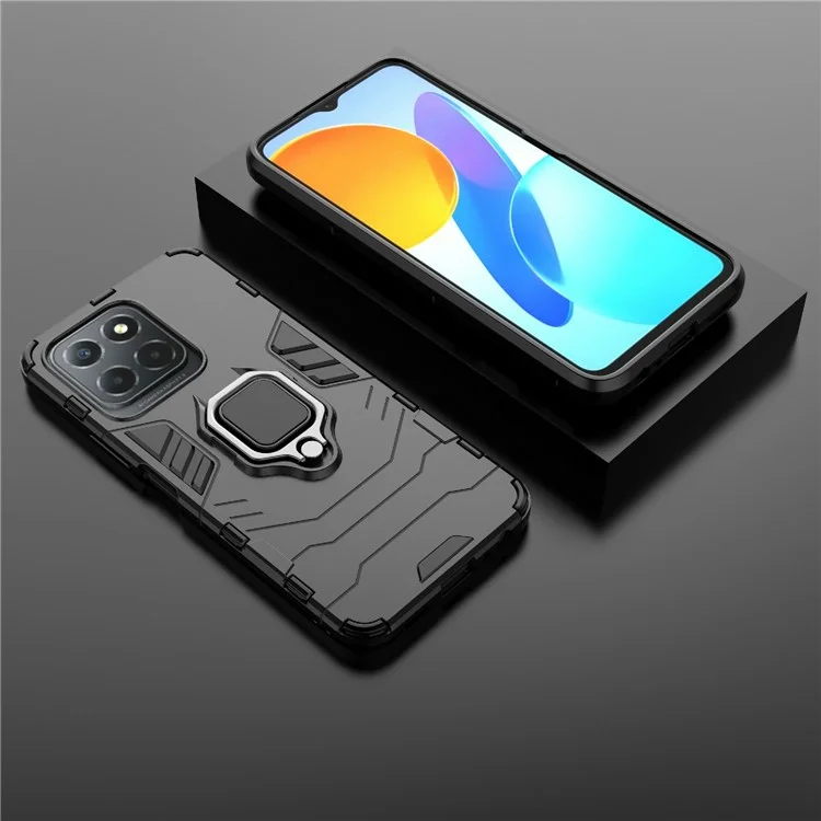 Ring Holder Kickstand Protective Phone Cover for Honor X8 5G, Hard PC Soft TPU Anti-scratch Hybrid Case - Black