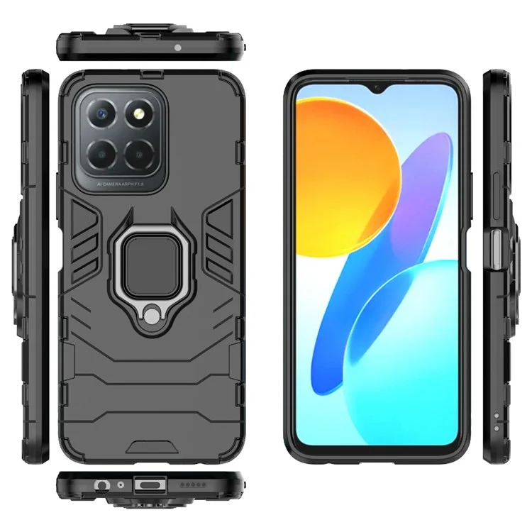 Ring Holder Kickstand Protective Phone Cover for Honor X8 5G, Hard PC Soft TPU Anti-scratch Hybrid Case - Black