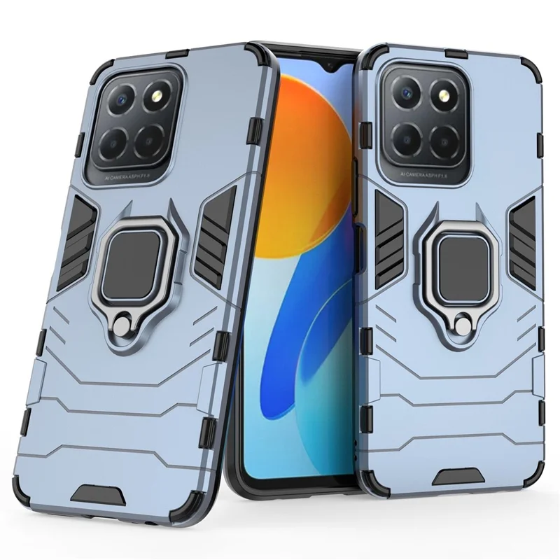 Ring Holder Kickstand Protective Phone Cover für Honor X8 5G, harte PC weiche TPU Anti-Kratzer Hybrid-Hülle - Blau